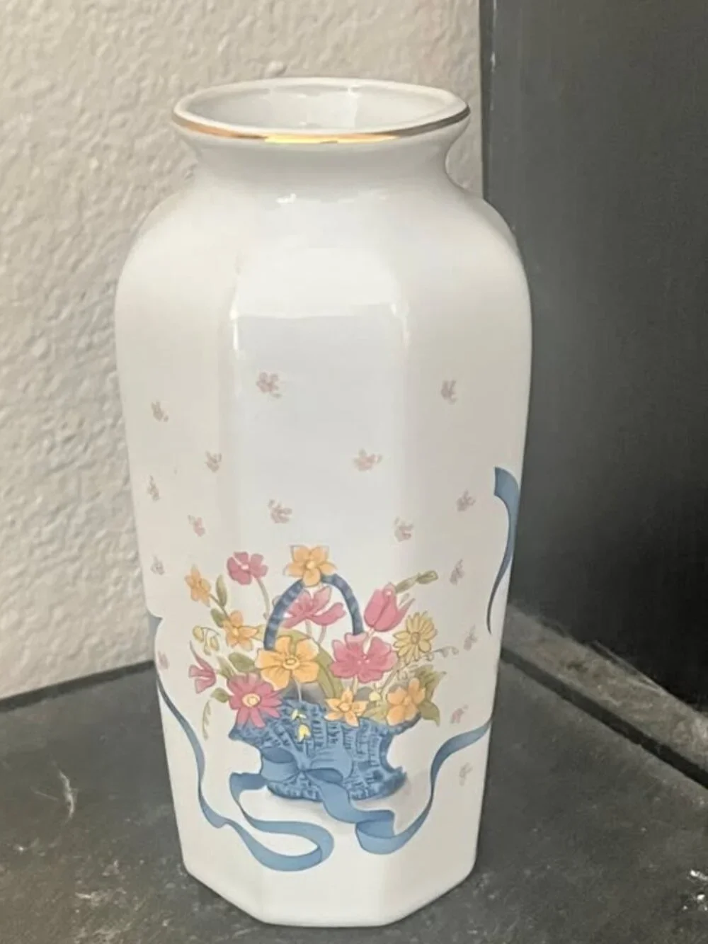 Vintage Fine China Hexagonal Vase with Basket of Flowers and Gold Accents